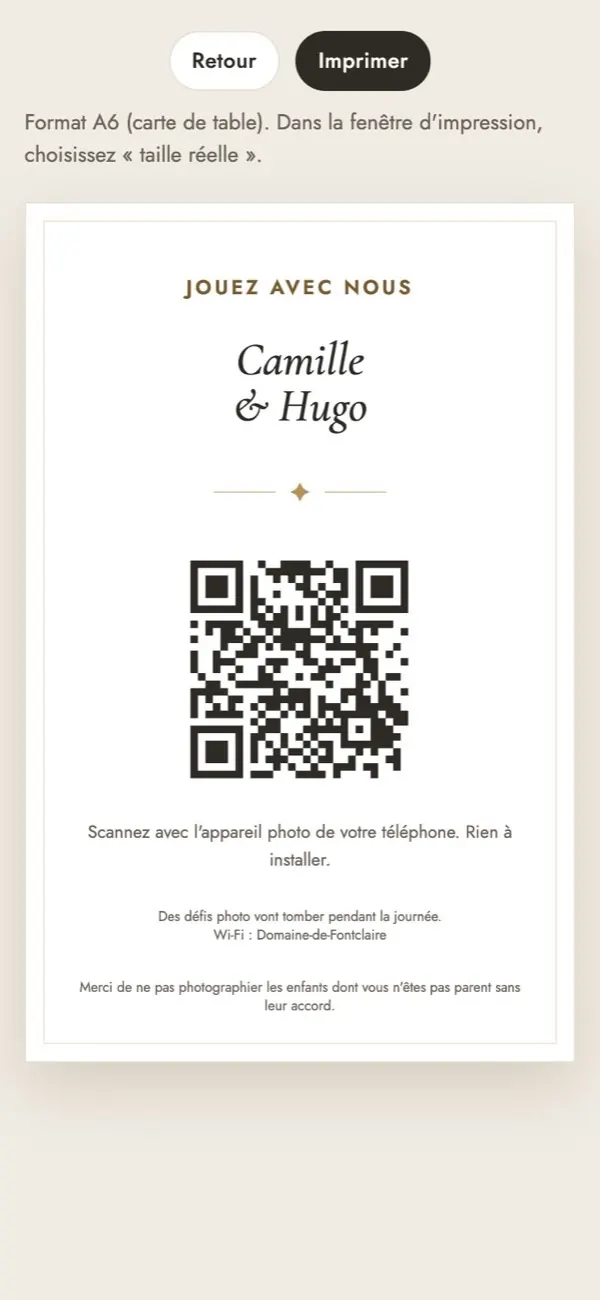 Carte de table à imprimer : jouez avec nous, Camille et Hugo, QR code