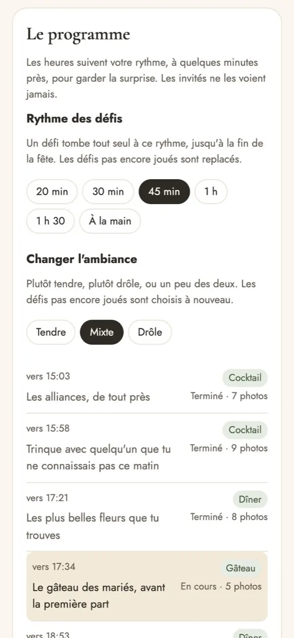 Tableau de bord : le rythme des défis, l'ambiance et le programme
