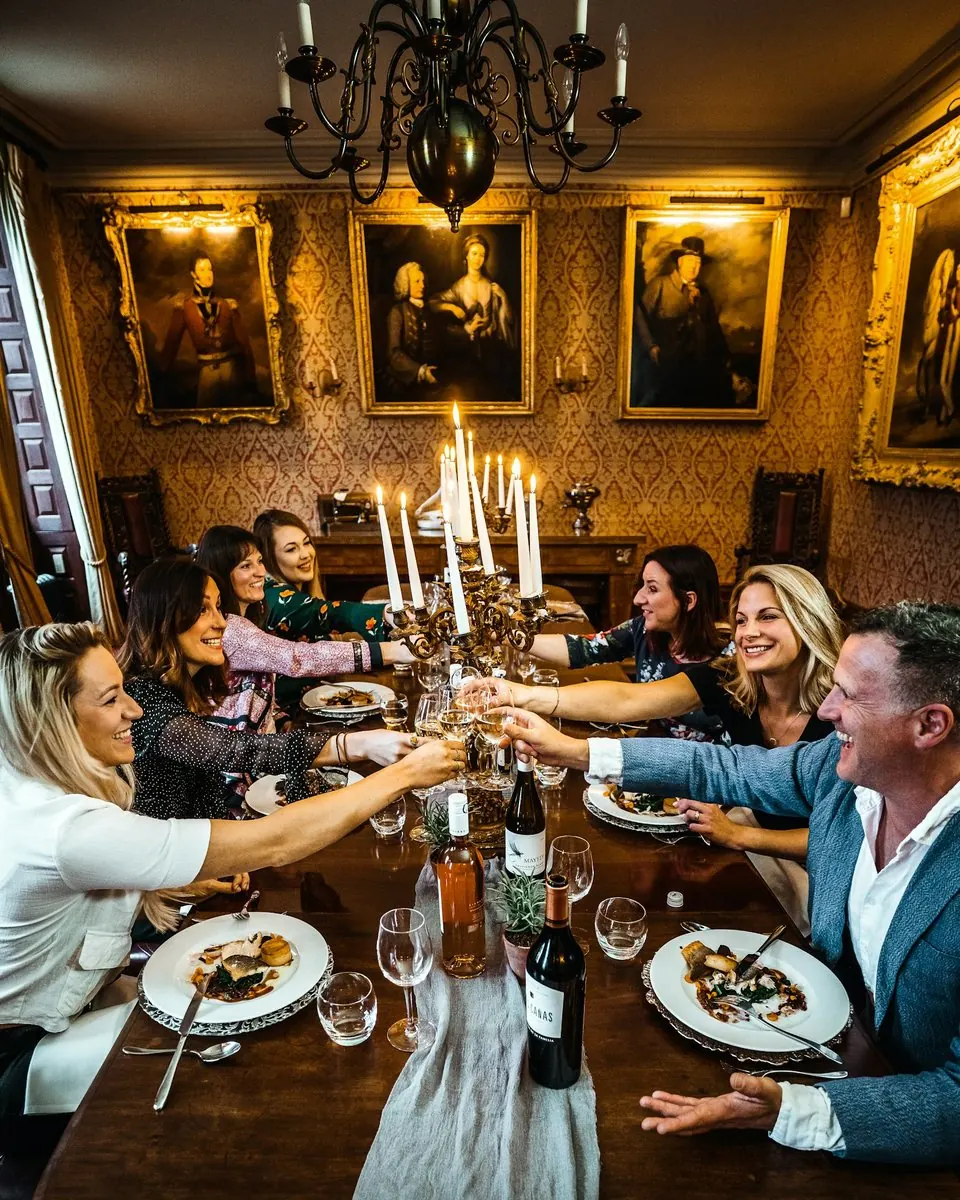 A long candlelit table raises its glasses