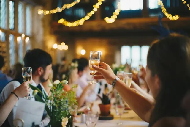 Guests raising their glasses at a table