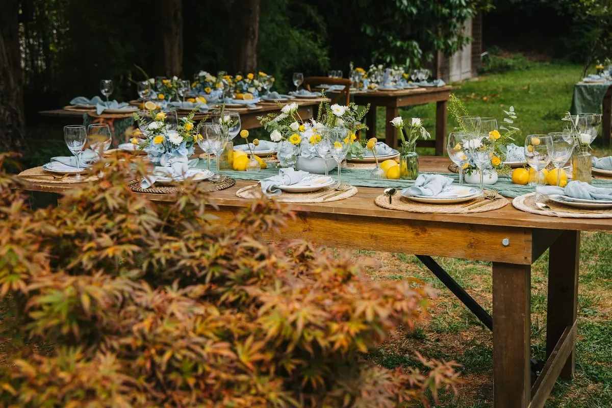 Une longue tablée dressée dans un pré en automne